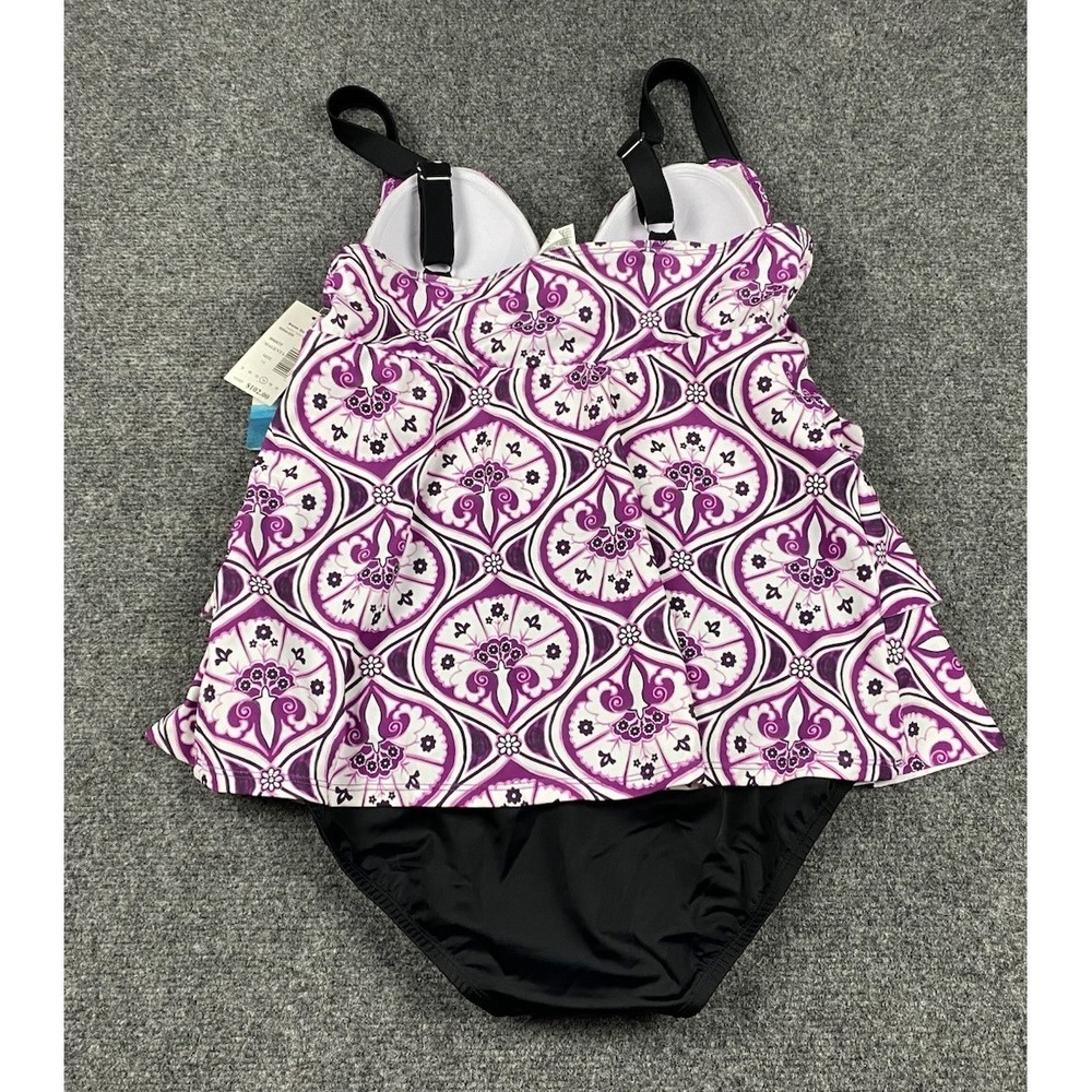 Swim Solutions Women's Printed Tiered Fauxkini One Piece Swimsuit Size 14 Purple - Picture 7 of 8